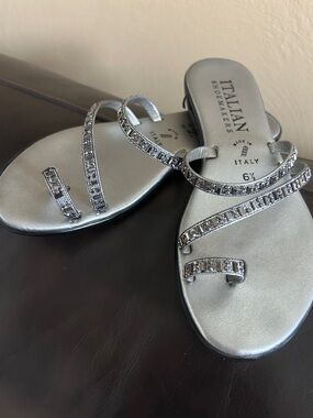Italian Shoemakers Metallic Silver Crystal Strap Slide Sandals - Women